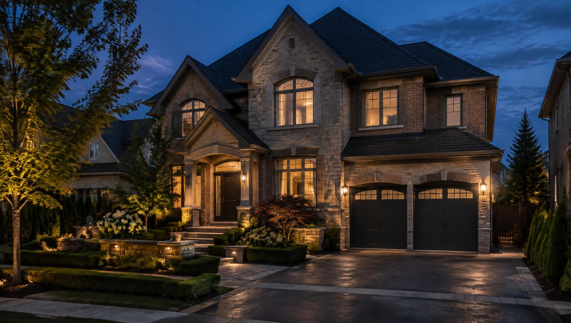 Upscale Ontario subdivision family home at dusk